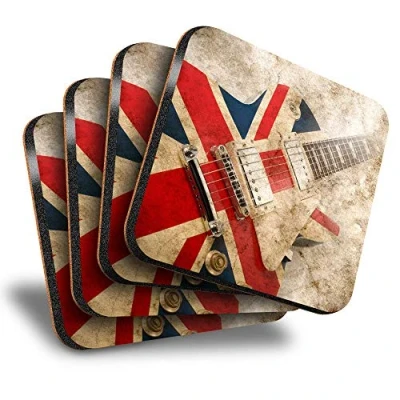 Image of Destination Vinyl ltd Great Coasters (Set of 4) Square Brit Pop Rock Guitar Music England Drink Glossy Coasters/Tabletop Protection for Any Table Type #16066