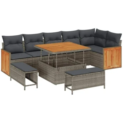 Image of vidaXL 9 Piece Garden Sofa Set with Cushions Grey Poly Rattan Acacia