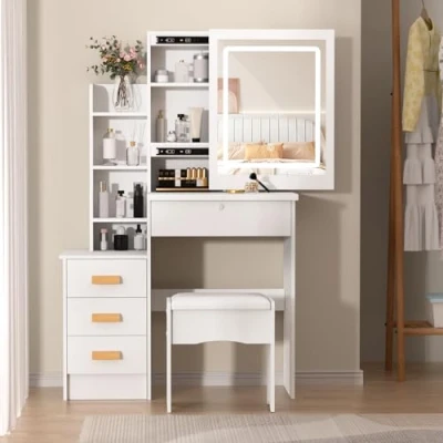 Image of Vanity Desk with Sliding Mirror and Lights, Bedroom Dressing Table Stool, Adjustable Brightness Mirror, Makeup 4 Drawers &amp; Storage Shelves, White