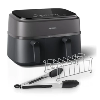 Image of Philips Dual Basket Airfryer 3000 Series, 9L, 2 Drawer Air Fryer, with Breakfast Kit, Rapid Technology, Versatile Large Fryer for Family, 99% Less fat and Energy Saving, HomeID App (NA350/03)