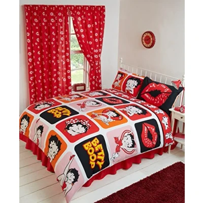 Image of Betty Boop Super King Size Bed Picture Perfect, Duvet Cover Bedding Set, Polka Dot Wink Hearts Pudgy Dog Lips Kiss Kicking Classic, Black White Red Pink