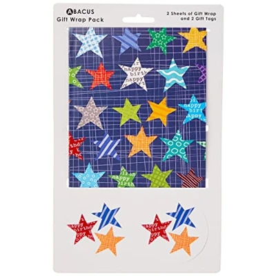 Image of Abacus Cards 03465A &quot;Star Repeat&quot; Gift Wrap Pack with 2 Sheets &amp; Tags, Plastic Free FULLY RECYCLABLE, multicoloured