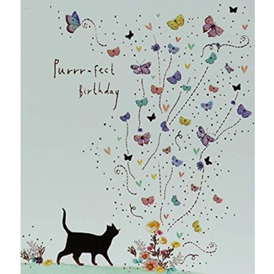 Image of Beautiful Artistic Female Birthday Card From the Lemon Sorbet Range by Paperlink Cat with Butterflies Exquisite Foil Finish Greeting For Her (PL ELS036)