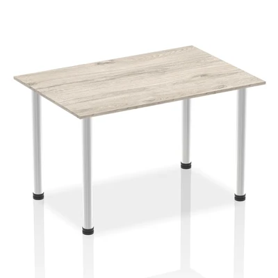 Image of Impulse 1400mm Straight Table Grey Oak Top Brushed Aluminium Post Leg