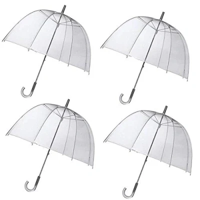 Image of Unibos 4 x Set Rain Umbrellas Dome Birdcage Transparent PVC Wedding Brolly Clear White Handle And Spike Walking Ladies Mens Unisex Party Parasol Bridesmaid Bridal