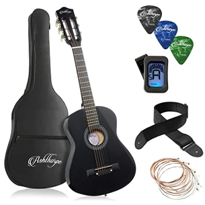 Image of Ashthorpe 30&quot; Beginner Acoustic Guitar Bundle (Black) Starter Kit with Gig Bag, Strings, Strap, Tuner, Picks