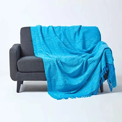 Image of HOMESCAPES Nirvana Teal Blue Handwoven 100% Pure Cotton Throw 100 x 140 Inches, Bedspread Blanket with Handknotted Tassels in Very Durable and Heavy Quality, Easy Care Washable at Home