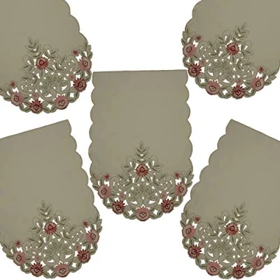 Image of GiftsScotland.com Pack of 5 Cream Pink Green Embroidered Floral Cutwork Scalloped Edge Chair Back Covers Antimacassar 193