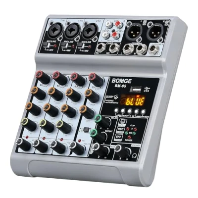 Image of BOMGE Audio Mixer, Sound Board Mixing Console with 5 Channel Digital USB Bluetooth Echo Delay Effect, 48V Phantom Power Stereo DJ Mixers for Recording, Live Streaming, Podcasting