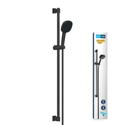Image of GROHE Vitalio Comfort 110 QuickFix Shower Set (Square 11 cm Hand 2 Sprays: Rain and Jet, Hose 1.75 m, Rail 90 cm, Water Saving, Easy to Fit with QuickGlue), Matt Black, 269302431