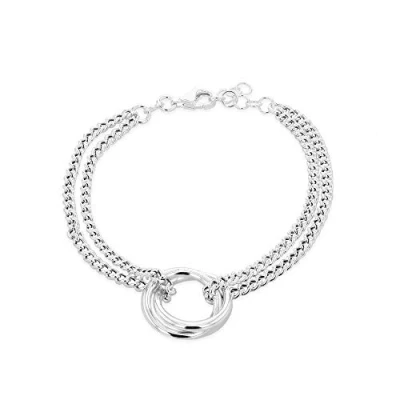 Image of Tuscany Silver Women&#039;s Linked Rings Double Curb Chain Adjustable Bracelet 16.5cm/6.5 19cm/7.5&#039;&#039;