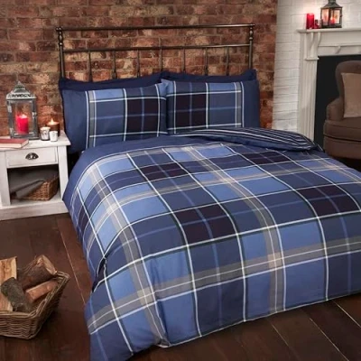 Image of Argyle King Size Quilt Duvet Cover and 2 Pillowcase Reversible Bedding Bed Set, Tartan Check Blue