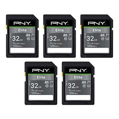 Image of PNY P SD32GX5U1100EL MP 32GB Elite Class 10 U1 V10 SDHC Flash Memory Card 5 Pack 100MB/s Read, 10, U1, V10, Full HD, UHS I, Size SD