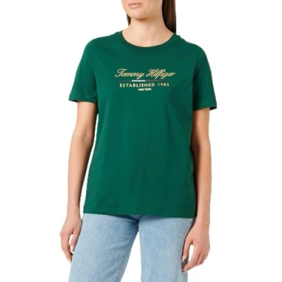 Image of Tommy Hilfiger Women&#039;s Reg Script Graphic C nk Ss Ww0ww43502 S/S T Shirt, Green (Ornamental Green), S