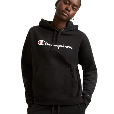 Image of Champion Women&#039;s, Powerblend, Fleece, Comfortable Hoodie Sweatshirt (Plus Hooded, Black Script, S