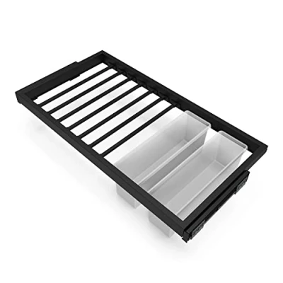 Image of Emuca Kit of 7 trouser rods with 2 auxiliary trays and rack soft close slide for closets, adjustable, module 900mm (35,4 inch), Textured black painted