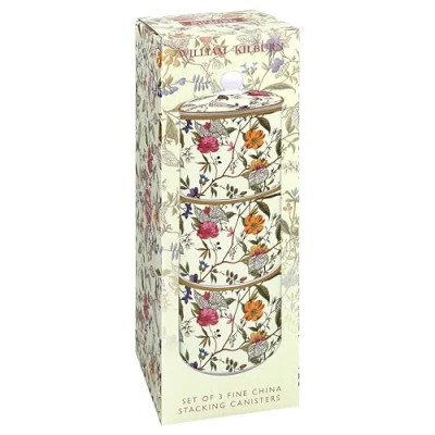 Image of Lesser &amp; Pavey William Kilburn Floral Design Stacking Kitchen Food Cannisters Set of 3 Coffee, Sugar, Tea or More Storage Solutions for Dry