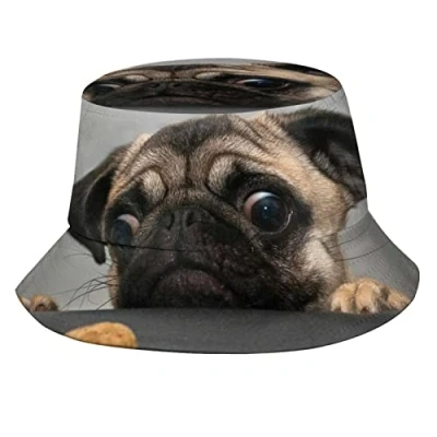 Image of BAISHEEP Pretty Pug Bucket Hat Travel Beach Sun Hat, Unisex Fisherman Hats Black