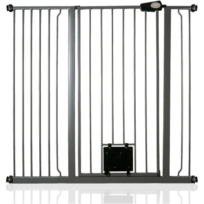 Image of Bettacare Pet Gate with Lockable Cat Flap, 113.8cm 121.4cm, Slate Grey, 104cm in Height, Extra Tall Dog Safety Barrier Easy Installation