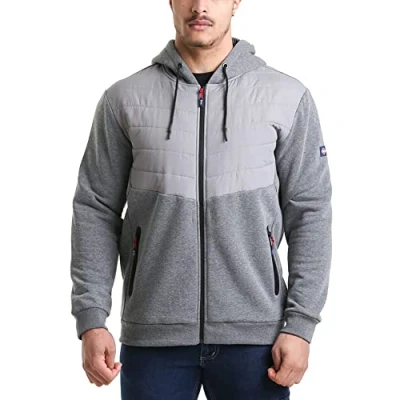 Image of Lee Cooper Workwear LCJKT126 Mens Full Zip Thermal Quilted Hoodie Hoody Jacket Coat, Grey Marl, 2X Large