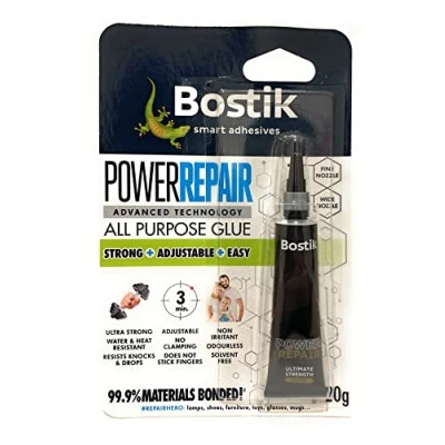 Image of Bostik Power Repair Adhesive, Ultra Strong, Fast Drying, SM Polymer Technology, Dual Nozzle, Colour: Clear, 20g Tube