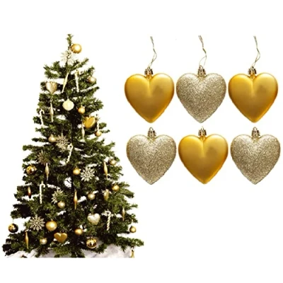 Image of 6pc Large Glitter &amp; Matte Heart Baubles Great Christmas Tree Decorations, (Gold)
