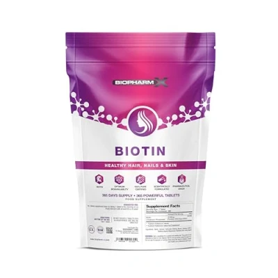 Image of Biotin Hair Growth Supplement (10,000mcg 365 Tablets / 1 Year Supply) 100% Pure Certified : Healthy Nail &amp; Growth, Maintenance of Clear Skin