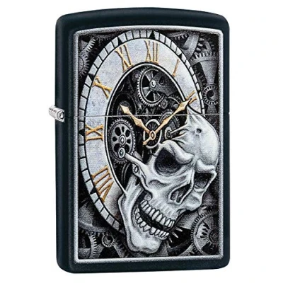 Image of Zippo Unisex&#039;s Skull Clock Windproof Metal Long Lasting Best Fluid Refillable Perfect for Cigarettes Cigars Candles Pocket Lighter Fire Starter Design, Regular