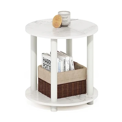 Image of Furinno Turn N Tube 2 Tier Round Wooden End Table, Marble White