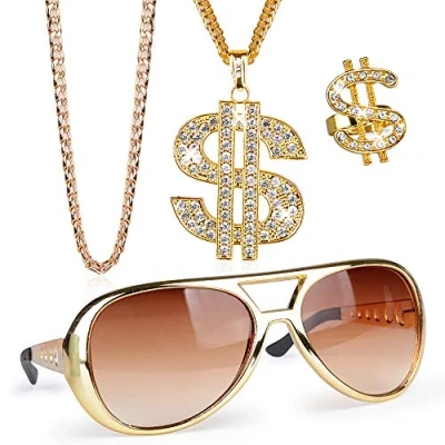Image of 4Pcs Hip Hop Costume Kit 80s/90s Fancy Dress Accessories Fake Gold Chain Dollar Sign Necklace Ring Hippie Glasses for Men Rapper