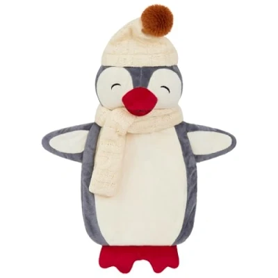 Image of Hot Water Bottle with Animal Fleece Cover 1 or 2 Litre Capacity Natural Rubber Long Plush Cute Cosy Gifts (Grey Penguin)