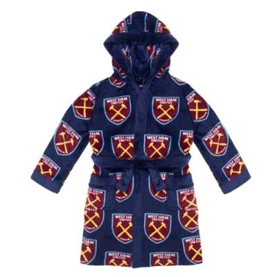 Image of West Ham United FC Official Gift Boys Fleece Dressing Gown Robe Navy Crest 9 10 Years