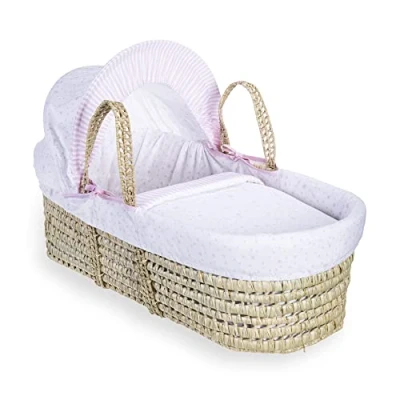 Image of Clair de Lune Stars &amp; Stripes Palm Moses Basket with Bedding 75 x 28 cm (Pink)