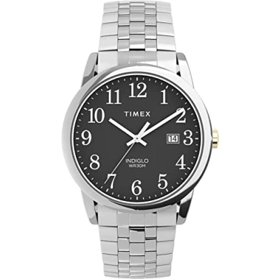 Image of Timex Men&#039;s Easy Reader 25mm Perfect Fit Watch Silver Tone Case Black Dial with Expansion Band