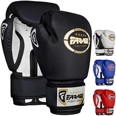 Image of Farabi Sports Kids Boxing Gloves 6, 8 oz Junior Muay Thai Youth Kickboxing Sparring Punching Bag Training (Black/White, 4 oz)