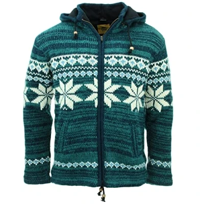 Image of LOUDelephant Hand Knitted Wool Hooded Jacket Cardigan Fairisle Teal (X Large)