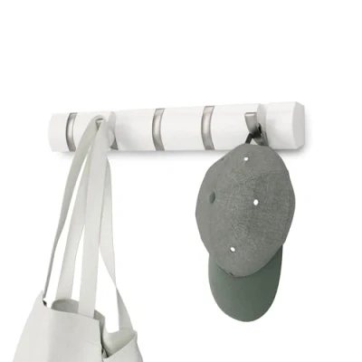 Image of Umbra Flip 5 Hook Wall Mounted Coat Rack, Modern, Sleek, Space Saving Hanger with Retractable Hooks to Hang Coats, Scarfs, Purses and More, White/Nickel