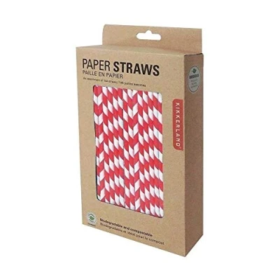 Image of Biodegradable Paper Drinking Straws Box 144 Retro Barber Red Striped