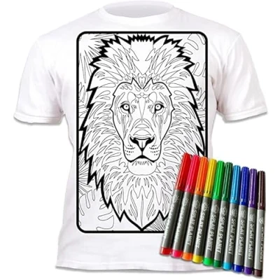 Image of Splat Planet Colour in Lion Pop Art T Shirt with 10 Non Toxic Washable Magic Pens and Wash Out (Age 5 6) White