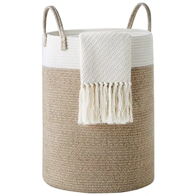 Image of YOUDENOVA Cotton Rope Basket Large Blanket Woven Storage Toy Organiser Nursery Decor Laundry Hamper with Handle 58L (38cm(D) x50cm(H), White &amp; Brown)