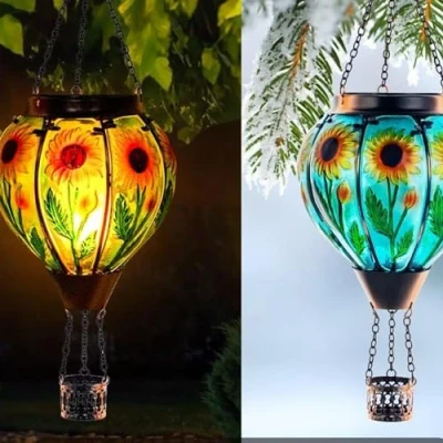 Image of Hot Air Balloon Solar Lantern with Flickering Flame, Realistic Flaming Effect Garden Light, Powered Hanging Lantern,Colourful Light for Outdoor
