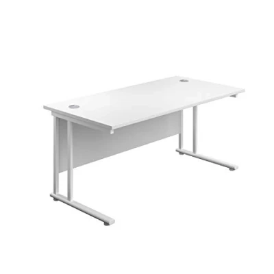 Image of Office Hippo Heavy Duty Rectangular Cantilever Desk, Home Table, Integrated Cable Ports, PC Desk For or Home, 5 Yr Wty White Frame/White Top, 160cm x 80cm