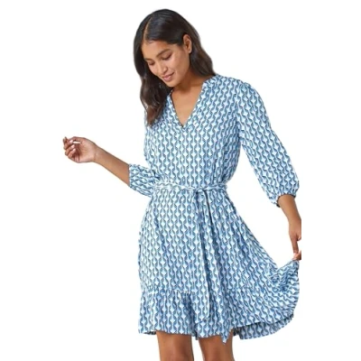 Image of Roman Womens Geometric Print Frill Hem Dress Blue Size 20 UK