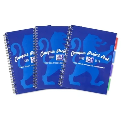 Image of Oxford Campus A4 Lined Project Notebook with Dividers, 200 pages, Navy Colour Pack of 3, Thick White Optik Paper