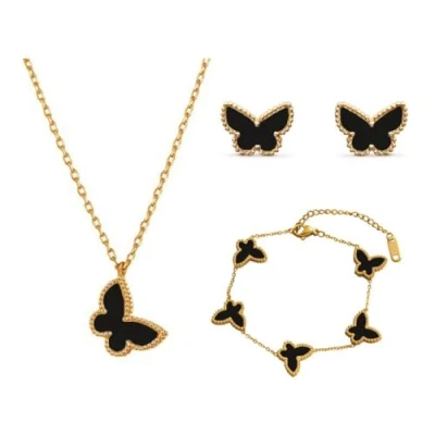 Image of RPAEOY Jewellery Set for Women Butterfly Pendant Necklace Earring Bracelet 18K Gold Plated Stainless Steel Fashion Gift Wedding Bridal Bridesmaid Birthday Anniversary (Black)