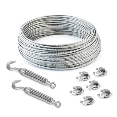 Image of Set Of 15 M Galvanised Wire Rope 3 mm Strand: 6 x 7 + Clamps 2 Eyelets/Hook Tensioners