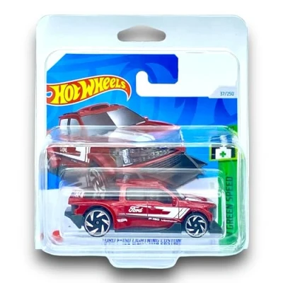 Image of Hot Wheels Ford F 150 Lightning Custom (Dark Red) 5/10 HW Green Speed 2024 37/250 (Short Card) COMES IN A KLAS CAR KEEPER SHORT CARD PROTECTOR CASE HTB82