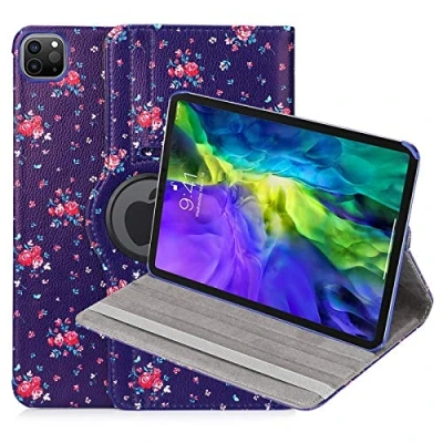 Image of 32nd Floral Series Design PU Leather Book Folio Case Cover for Apple iPad Pro 11&quot; (2020/2021) / Air 4 (2020), Designer Flower Pattern Flip With Built In Stand Vintage Rose Indigo