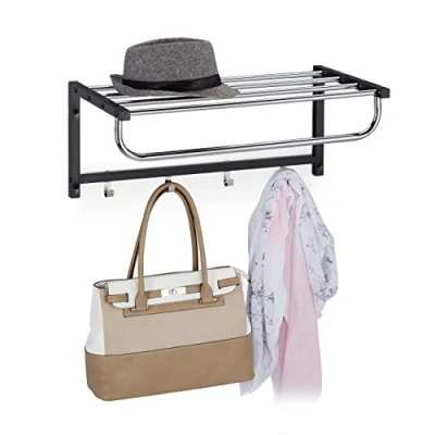 Image of Relaxdays Wall Coat Rack with Shelf, Wardrobe Rail 4 Hooks, Hallway &amp; Bathroom, Modern, Metal, 25 x 60 32.5 cm, Black