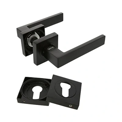 Image of Amig Set of Door Handles Cadiz Model 52 x 124 mm with Keyhole Elegant and Simple Design Ergonomic Grip Handle Matte Black Zamak